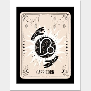 Capricorn zodiac symbol card with fortune teller mystic hands. Posters and Art